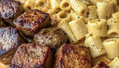Cajun Garlic Steak Tips with Three-Cheese Rigatoni